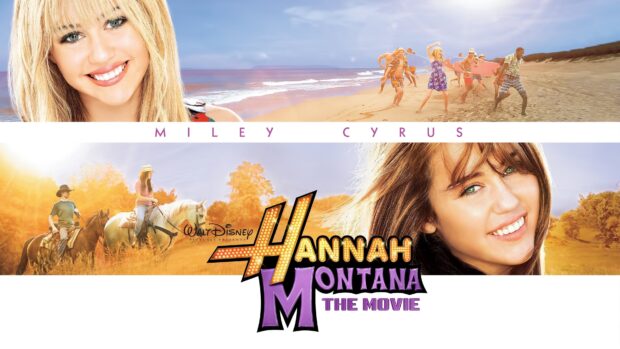 A bright Hannah Montana scene on the beach and countryside with people and horses