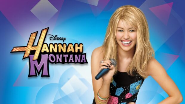 A smiling Hannah Montana holding a microphone with colorful stage lights in the background