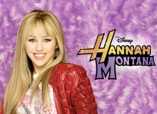 A smiling Hannah Montana with long blonde hair and a red jacket on a purple fuzzy background