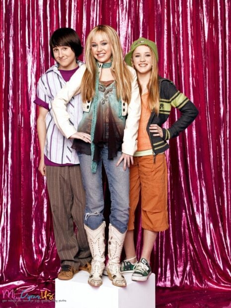Hannah Montana and her friends from the TV show Hannah Montana standing together in front of a pink curtain