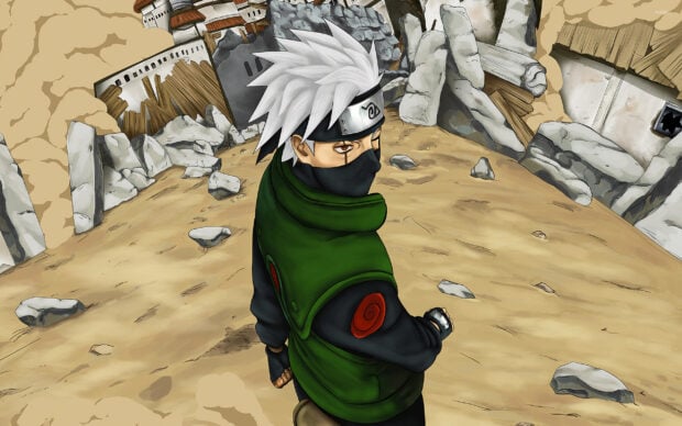 Hatake Kakashi is standing in a ruined village with a green vest and headband