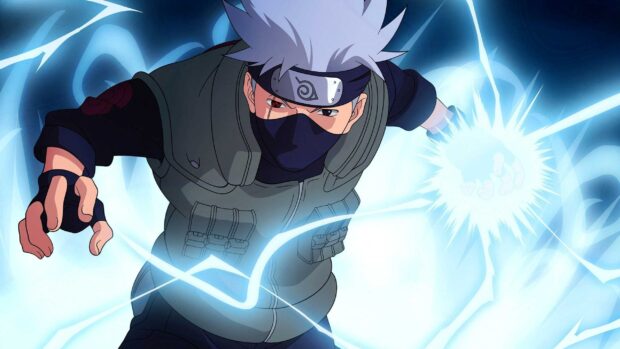 Hatake Kakashi performing lightning jutsu with focused expression and white hair