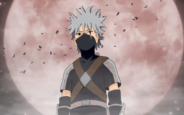 Hatake Kakashi with silver hair and a mask standing in front of a large full moon at night