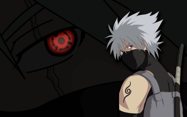 Hatake Kakashi with white hair and a mask looking back with Sharingan eye and a tattoo on his arm