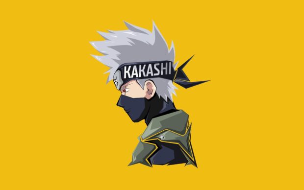 Hatake Kakashi character with spiky white hair and headband on a yellow background