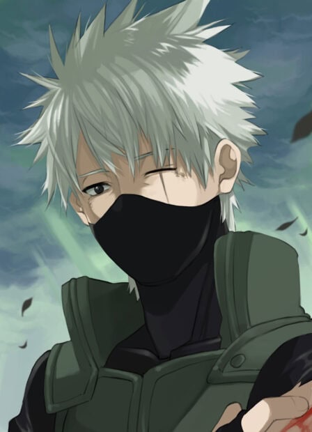 Hatake Kakashi is shown winking wearing a black mask and green tactical vest with gray hair
