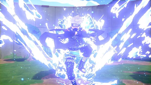 Hatake Kakashi performing a powerful jutsu with glowing energy surrounding him in an outdoor setting