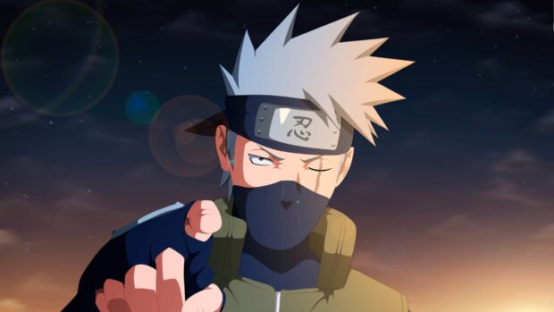 Hatake Kakashi wearing a ninja headband and mask pointing forward at sunset background