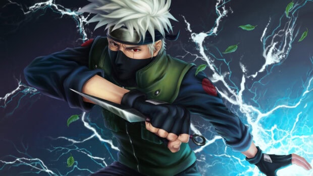 Hatake Kakashi holding a kunai in a dynamic pose with lightning and leaves around him
