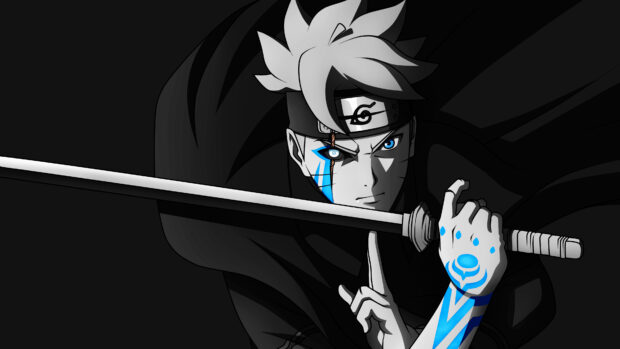 Hatake Kakashi with blue markings holding a sword in a fighting pose