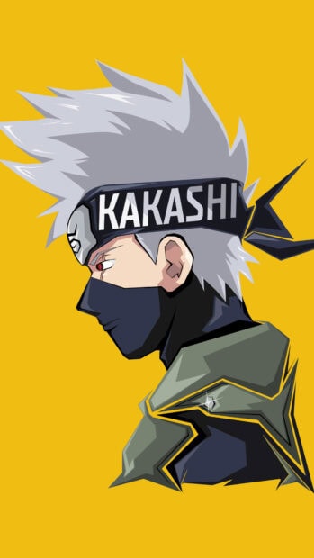A digital illustration of Hatake Kakashi in profile with his headband and mask against a yellow background