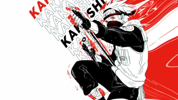 Hatake Kakashi holding kunai in a dynamic pose with stylized red and black design in the background