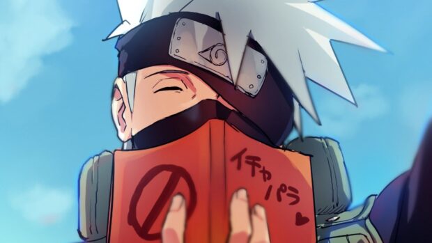 Hatake Kakashi reading a red book with a smiling face under a clear blue sky