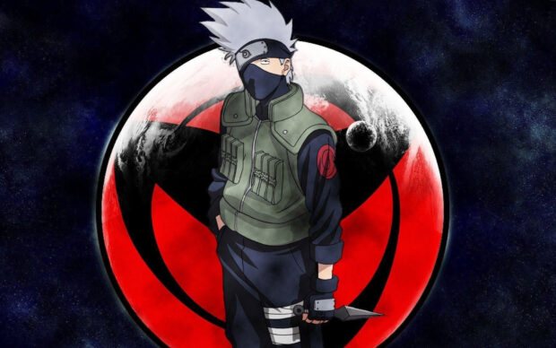 Hatake Kakashi standing in front of a large red and black cosmic symbol in space