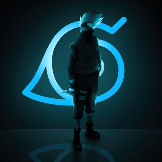 Hatake Kakashi standing with a kunai in hand in front of a glowing blue symbol in dark background