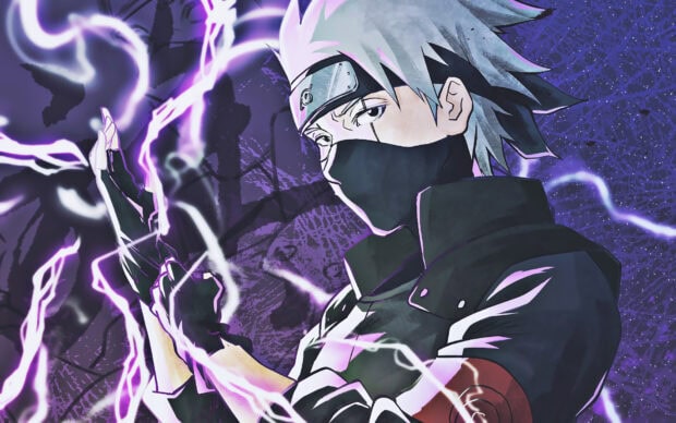 Hatake Kakashi character using lightning jutsu with glowing purple energy around him