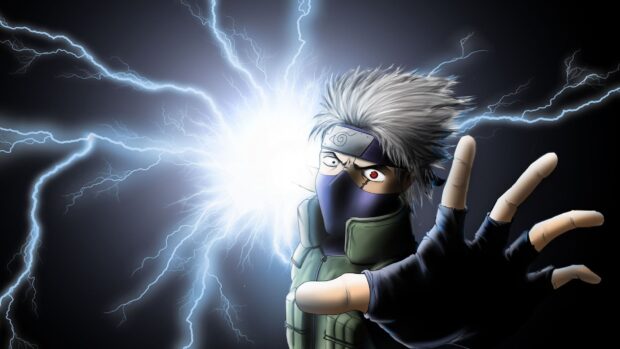 Hatake Kakashi using his lightning attack with sharp eyes and grey hair in an anime scene