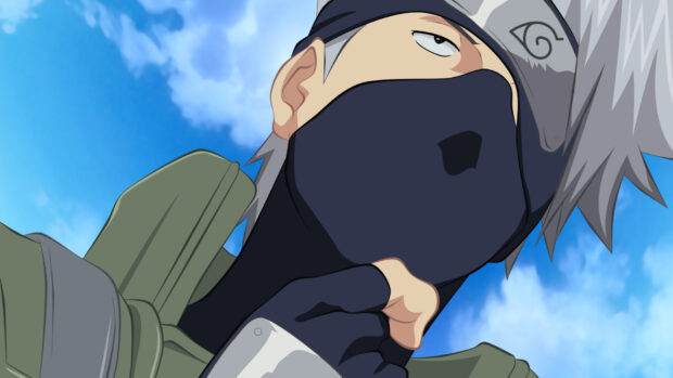 Hatake Kakashi wearing his ninja headband and mask against a blue sky background