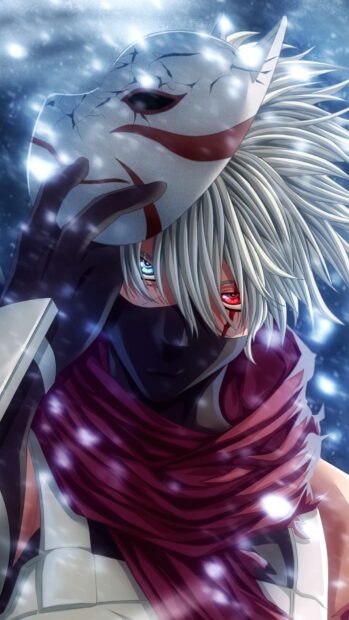 Hatake Kakashi holding a white cracked mask with unique eyes in a snowy scene