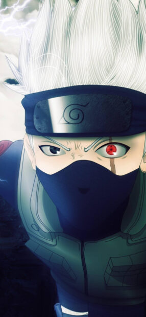 Hatake Kakashi showing his Sharingan eye with white hair and ninja headband in an intense pose