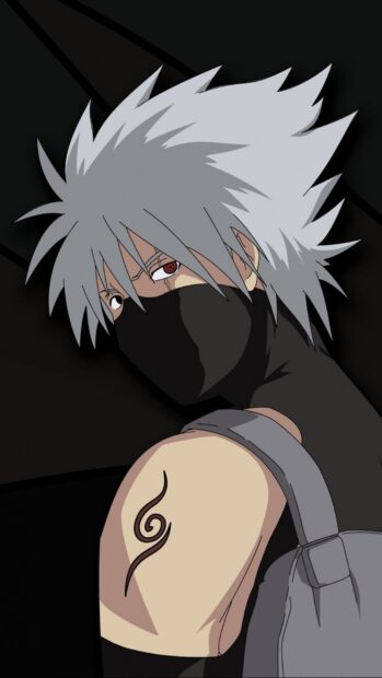 Hatake Kakashi character showing arm tattoo and Sharingan eye with dark mask on face