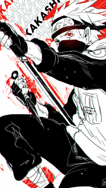 Hatake Kakashi holding a kunai in action pose with intense eyes and white hair