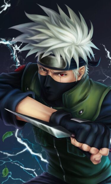 Hatake Kakashi holding a kunai knife with white hair and sharingan eye