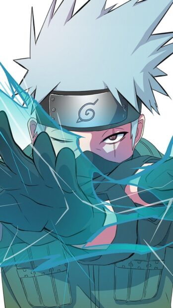 Hatake Kakashi performing a ninja technique with a focused expression and white hair