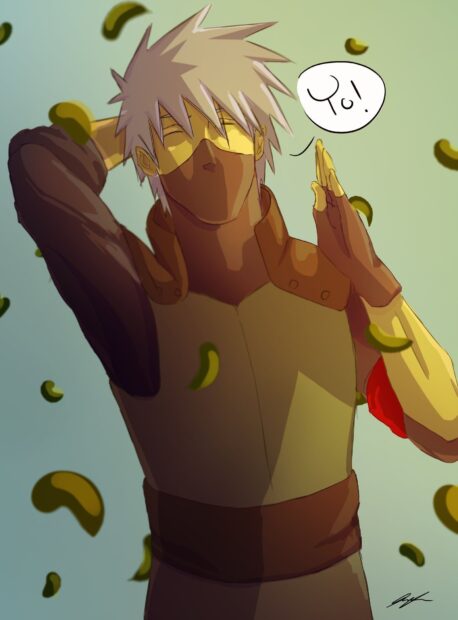 Hatake Kakashi character posing with white spiky hair and mask in an anime style