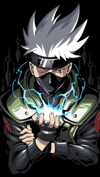 Hatake Kakashi showing his electric chakra technique in a dark background
