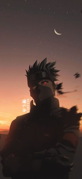 Hatake Kakashi stands at sunset with his Sharingan eye activated and a crescent moon in the sky
