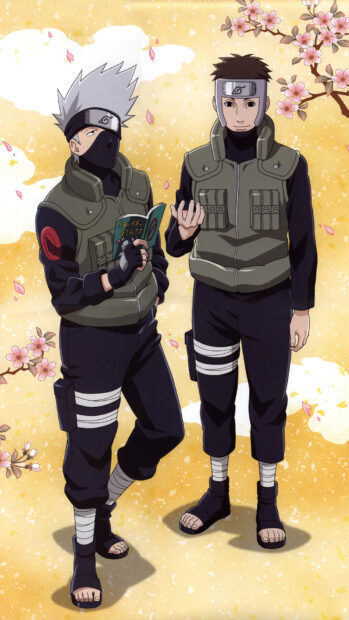 Kakashi and another ninja standing together in green vests on a floral background