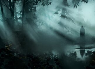 A mysterious figure standing in a haunted forest surrounded by mist and eerie trees