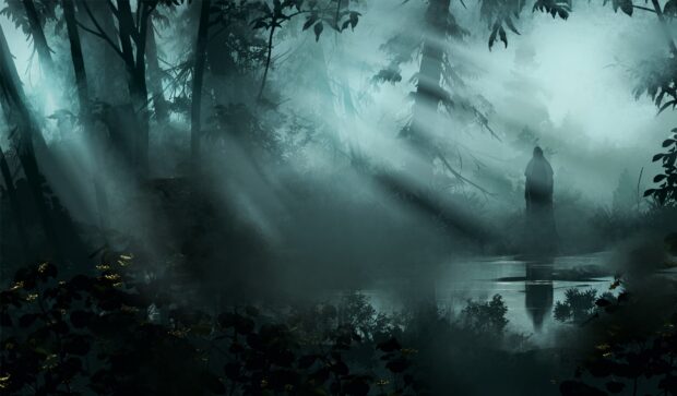 A mysterious figure standing in a haunted forest surrounded by mist and eerie trees