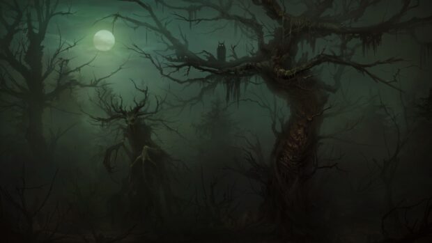 Dark haunted forest with twisted tree figures and an owl under a full moon in dense fog