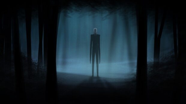 A tall figure stands silently in the haunted forest surrounded by dark trees and mist