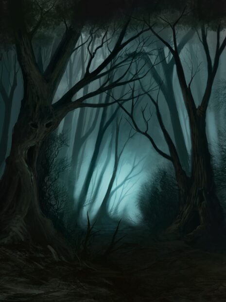 Dark haunted forest with eerie twisted trees and glowing mist in the background