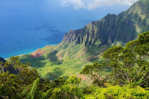 Lush mountain landscape of Hawaiian Islands showcasing vibrant greenery and ocean views