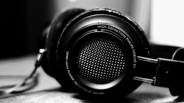 Close up of headphones showcasing high definition sound quality and driver details