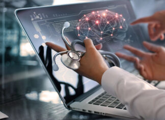 Medical technology showing brain analysis with stethoscope on laptop screen