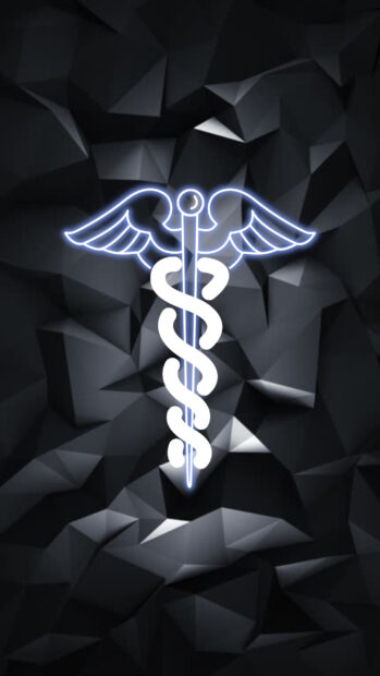 Neon caduceus symbol glowing over a geometric dark background representing health