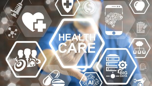 Medical technology concept showing health care and artificial intelligence icons