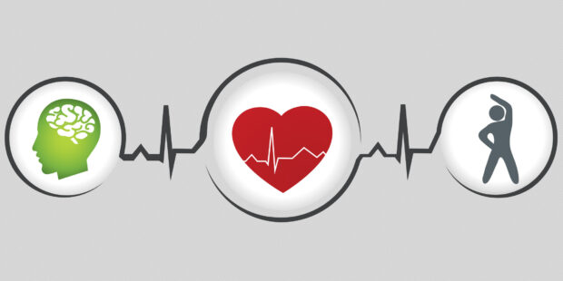 A health concept showing brain health heart health and physical exercise connected by a heartbeat line