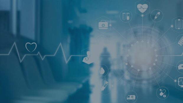 A heartbeat line and various health icons representing medical concepts in a hospital setting