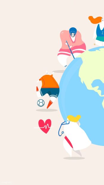 A globe surrounded by diverse athletes and a doctor representing health and fitness
