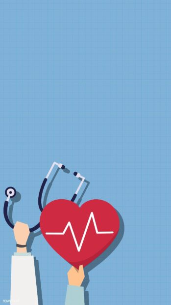 Doctor holding a heart with a heartbeat line and a stethoscope on a blue grid background
