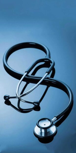 A close up of a stethoscope representing health and medical care on a blue surface