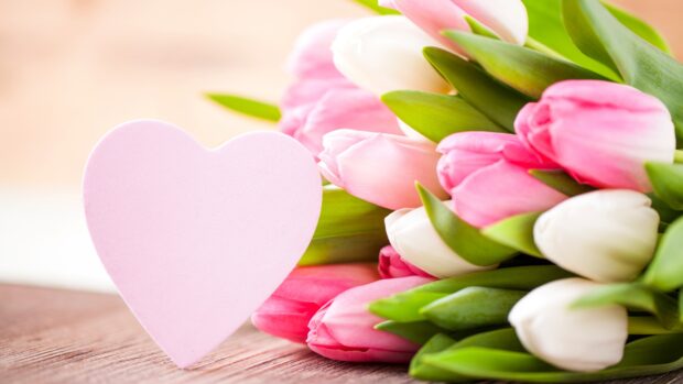 A pink heart shape next to pink and white tulips arranged on a wooden surface