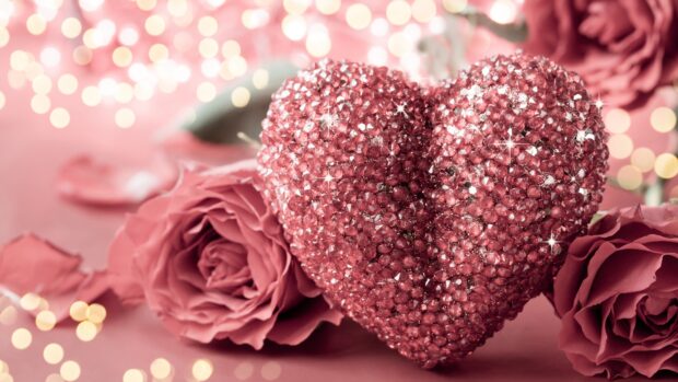 Sparkling hearts adorned with crystals surrounded by pink roses and romantic décor