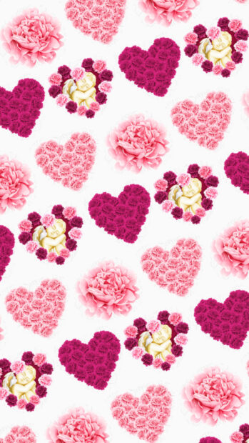 Pink and purple hearts made of carnations with angel figures and peonies patterned wallpaper